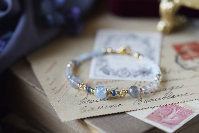 雪魄。冰种海蓝宝 拉长石 宝蓝玉髓 14KGP 天然石水晶 手链 - 手链/手环 - 水晶 蓝色