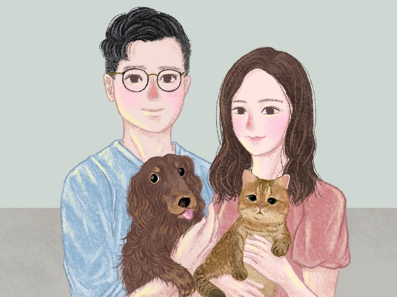 【毛孩半身】似颜绘手绘风个人画像/全家福/情侣/朋友-电子档 - 电子手绘真人画像/绘画/插画 - 其他材质 透明