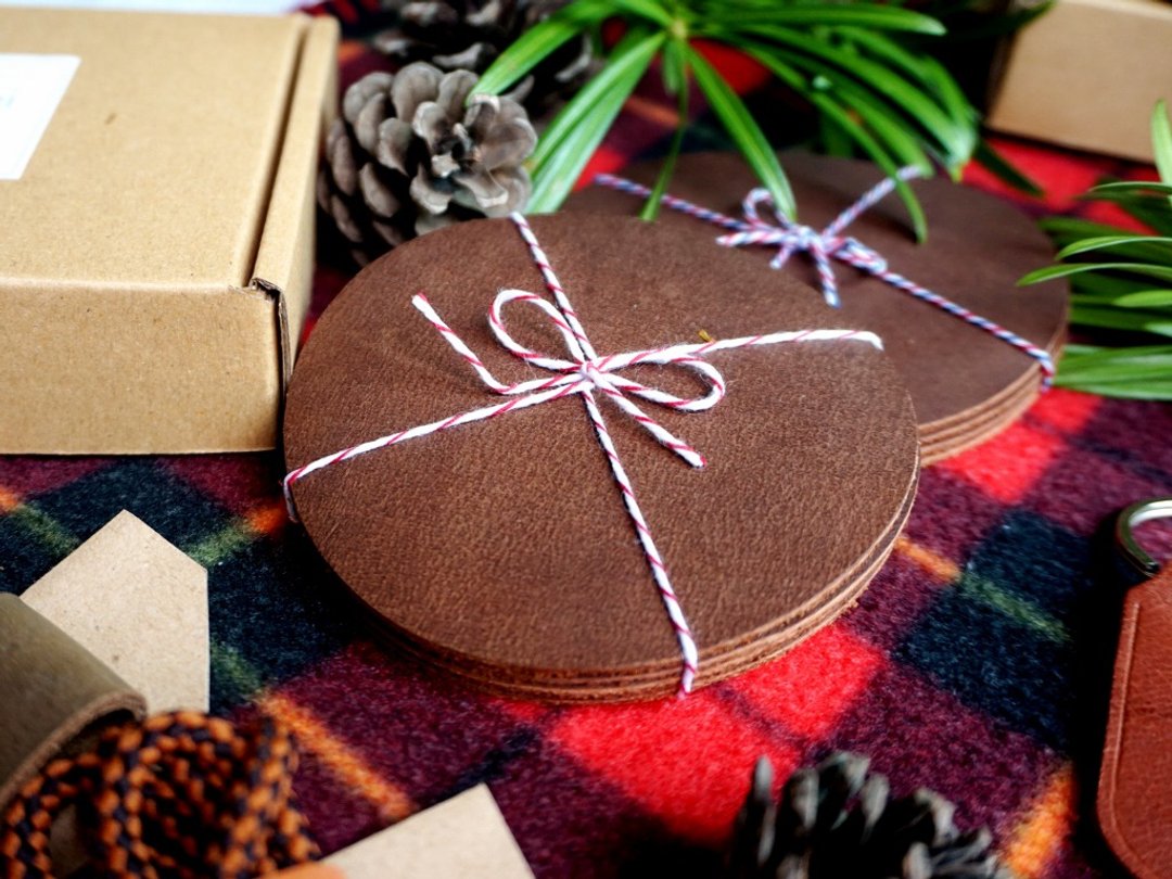 Leather wine glass coaster (set of 4) - 杯垫 - 真皮 咖啡色