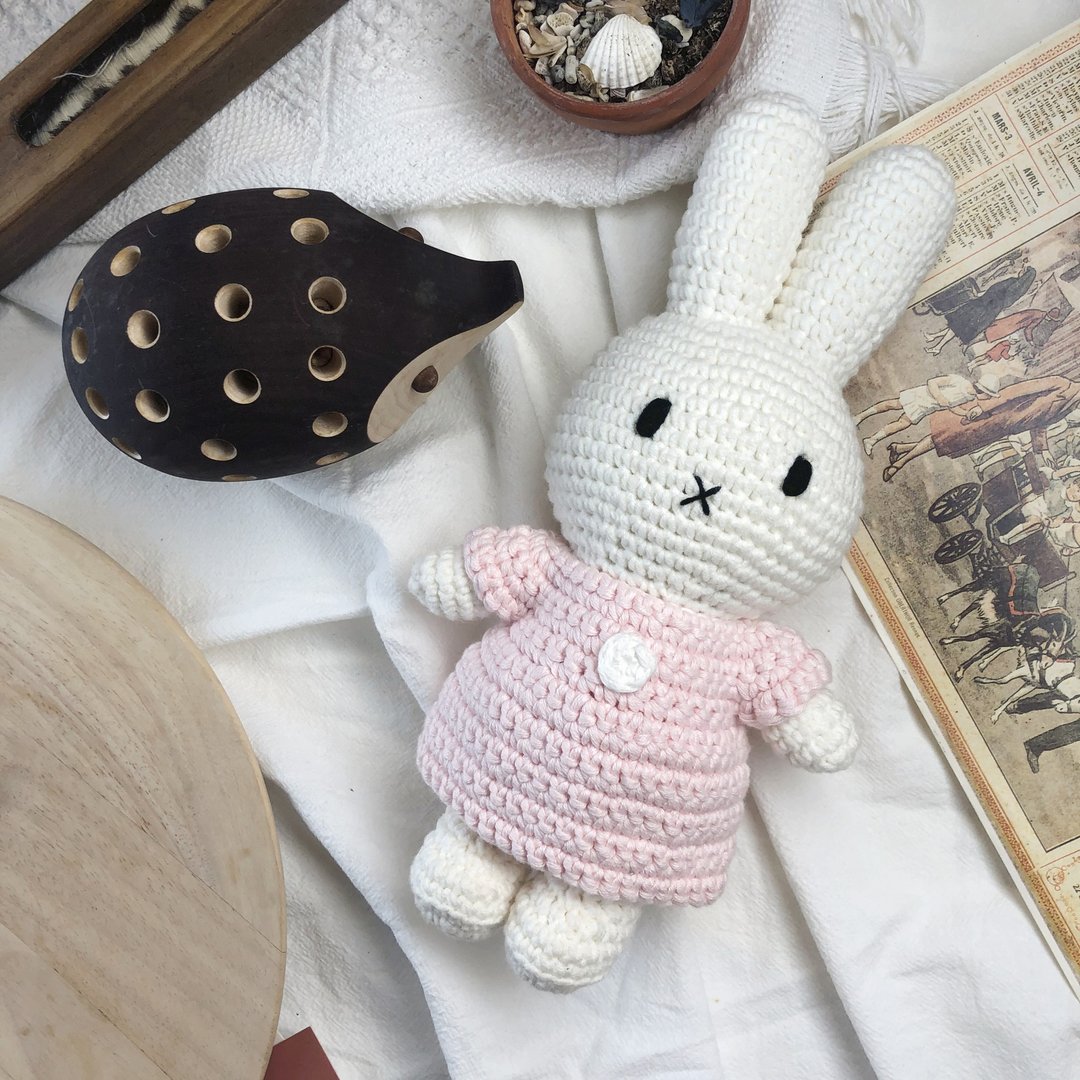 荷兰Miffy米飞兔【miffy&粉红洋装】手工钩针纯棉娃娃疗愈米菲兔 - 玩偶/公仔 - 棉．麻 粉红色