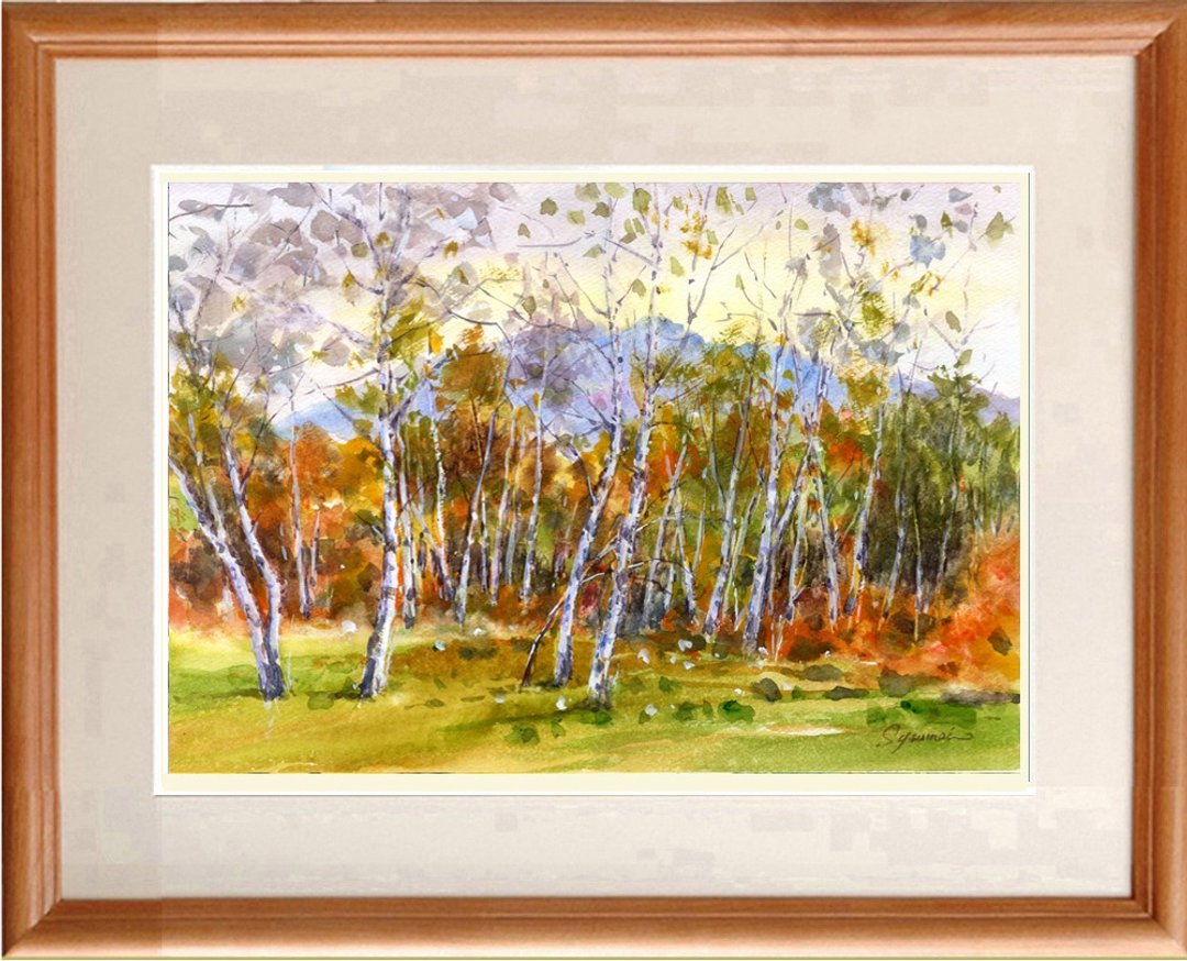 Original watercolor painting Autumn in Myoko Kogen - 海报/装饰画/版画 - 纸 橘色
