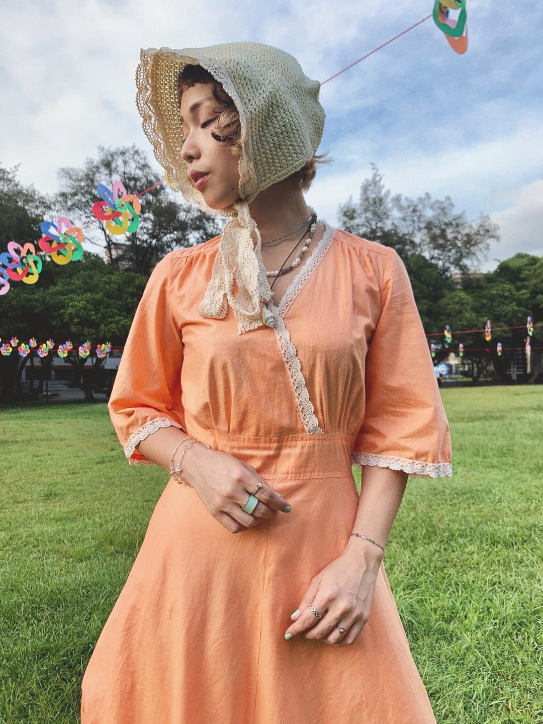 美国70年代手工订制蕾丝洋装 - 洋装/连衣裙 - 棉．麻 橘色