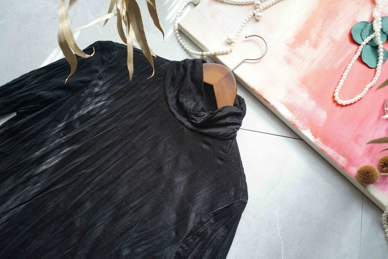 寻宝古着-皱皱面料黑色透肤雪纺高领内搭上衣 - 女装上衣 - 聚酯纤维 黑色