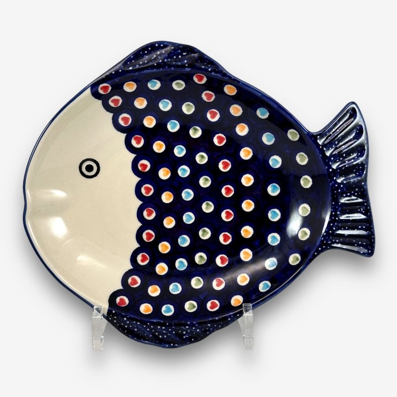 波兰手绘手工陶-鱼型盘 25cm 文青彩心系列 设计师款 - 盘子/餐盘/盘架 - 陶 蓝色