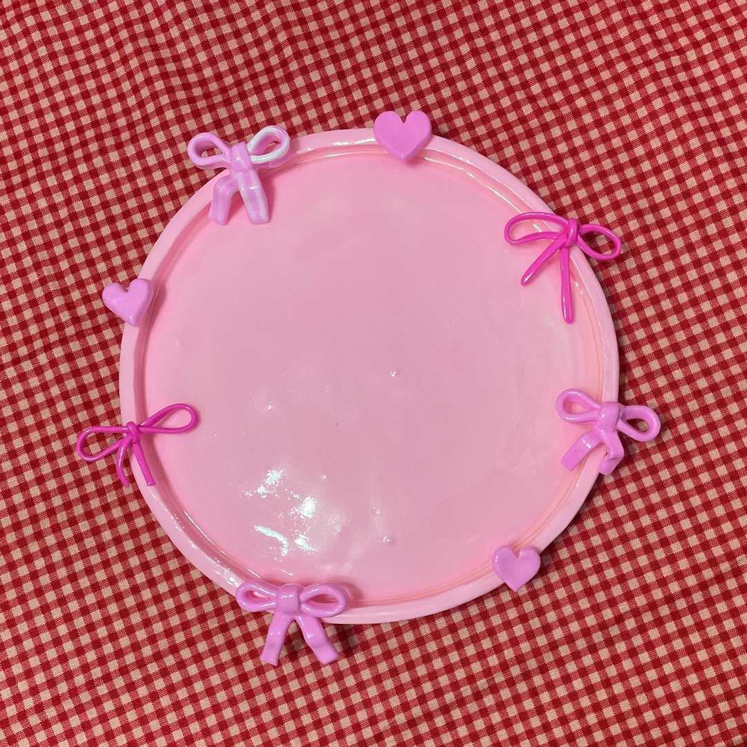 粉红少女蝴蝶结圆型饰品盘 - 摆饰 - 粘土 粉红色