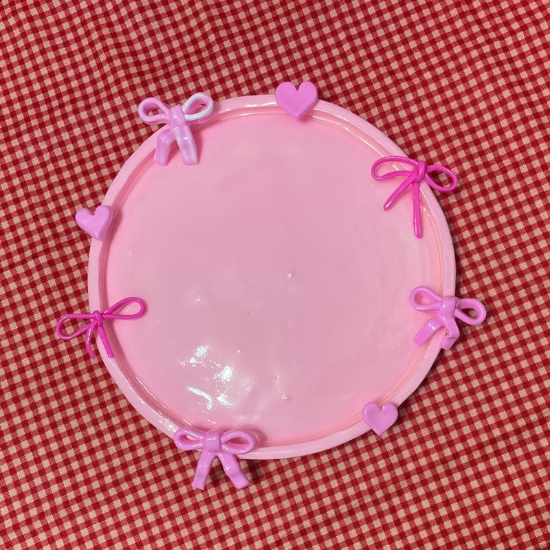粉红少女蝴蝶结圆型饰品盘 - 摆饰 - 粘土 粉红色