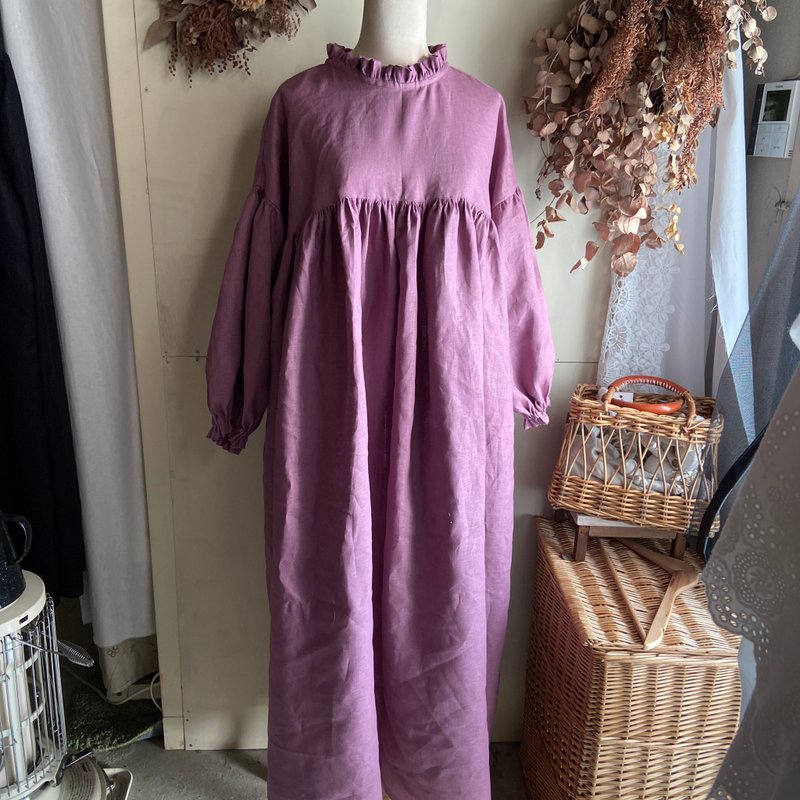 玫瑰粉色荷叶边蝴蝶结轭领抓褶连衣裙 - 洋装/连衣裙 - 棉．麻 粉红色