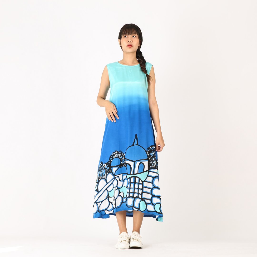 Long Dress Santorini  Cotton Silk Hand Paint Free size - 洋装/连衣裙 - 棉 蓝色