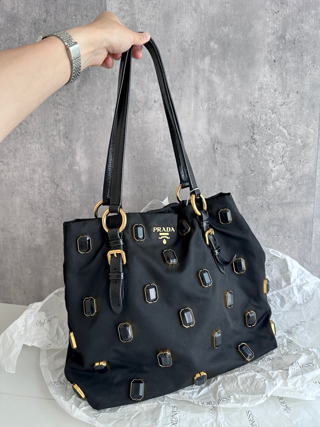 中古包 PRADA 普拉达 黑宝石托特包 | 满版黑钻 × 油蜡皮手把 A4 - 手提包/手提袋 - 尼龙 黑色