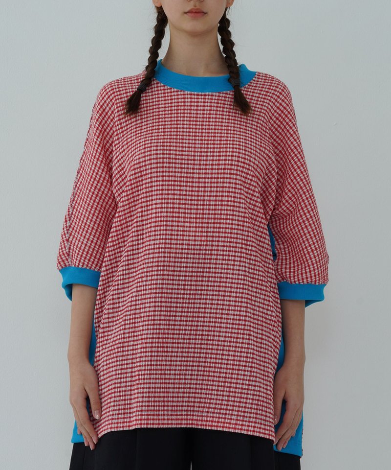 格纹褶皱短袖 T 恤 - 女装 T 恤 - 聚酯纤维 红色