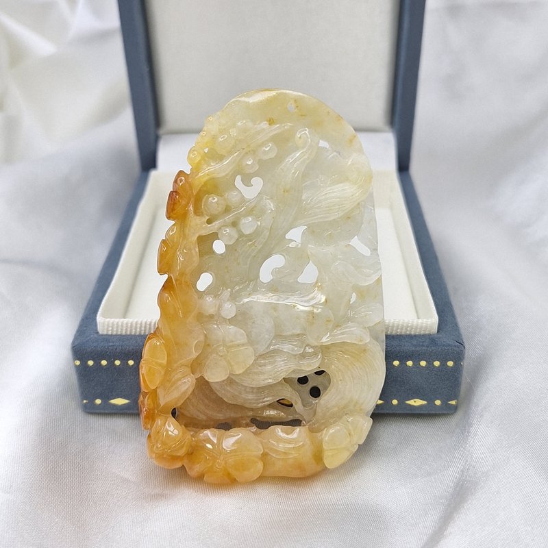 缅料 冰黄镂空九尾狐 摆件 挂件 | 天然缅甸玉A货翡翠 - 摆饰 - 玉石 