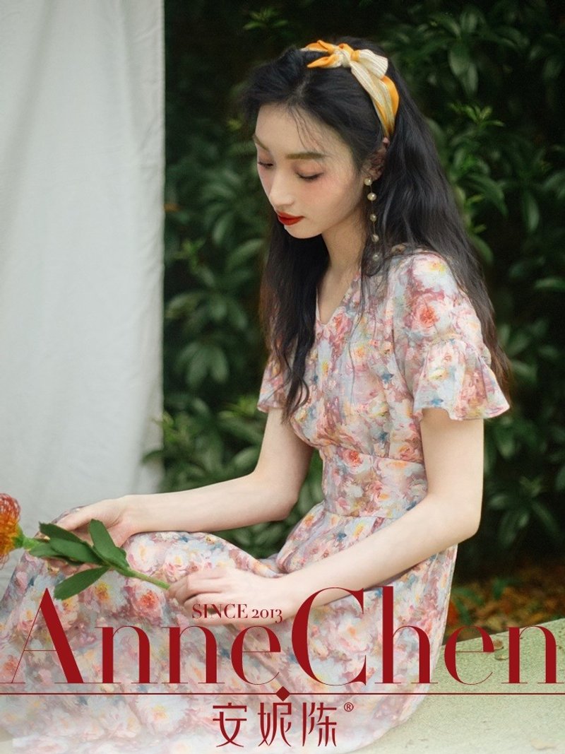 安妮陈法式V领 莫奈油画碎花洋装 女夏新款 多巴胺绝美印花度假 - 洋装/连衣裙 - 其他材质 多色