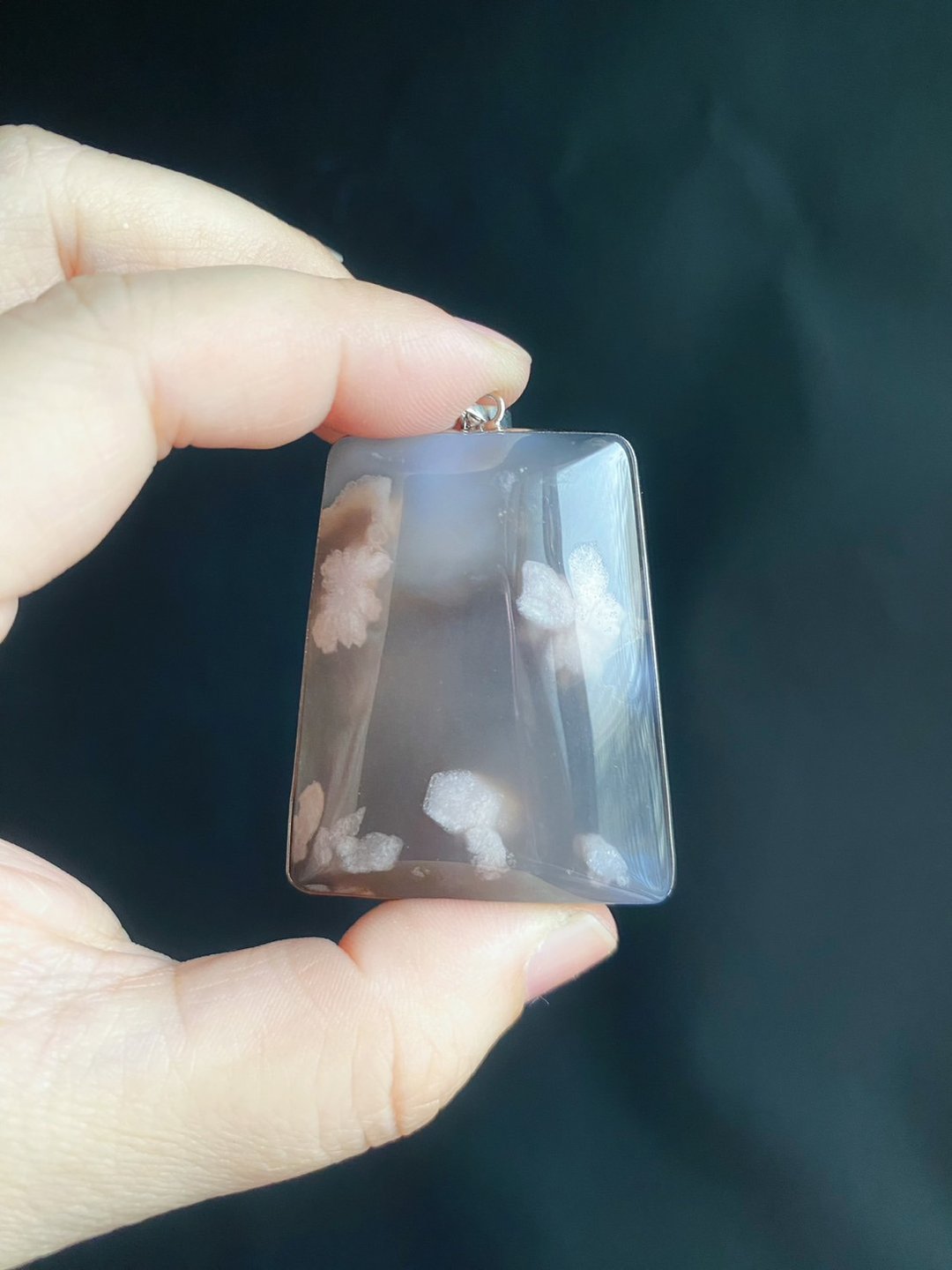 樱花玛瑙 灰冰 素雅小花 S925银镶拖  古典美 水中花 项链 - 项链 - 水晶 灰色