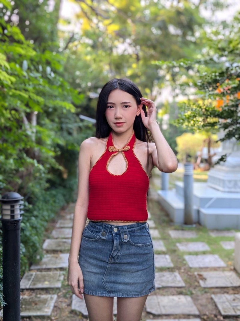 女士定制钩针旗袍露脐短上衣 - 农历新年款 - 女装上衣 - 棉．麻 红色