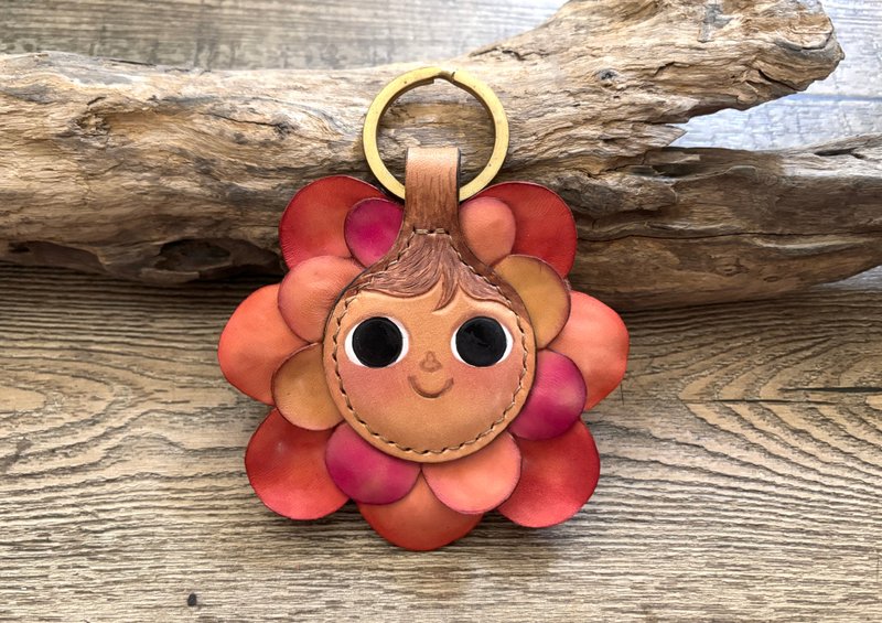 POPO- 皮革.花漾大眼睛钥匙圈.独创/双面 - 钥匙链/钥匙包 - 真皮 粉红色