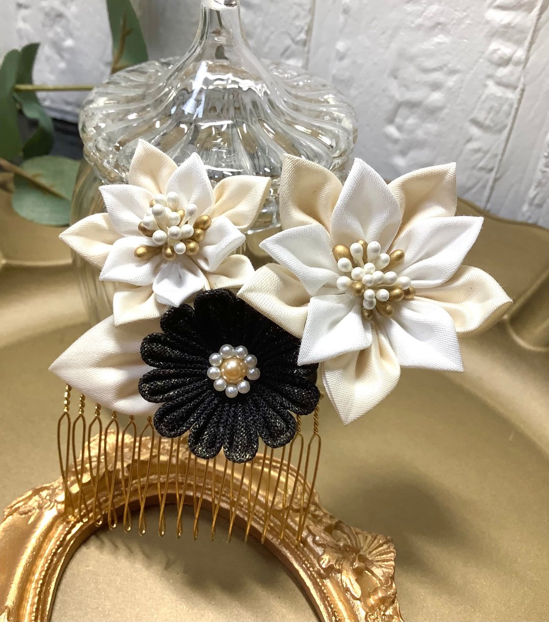 布花作品　发饰　簪　和风布花　瓦莱塔　布花细工　优雅的 - 发饰 - 棉 白色