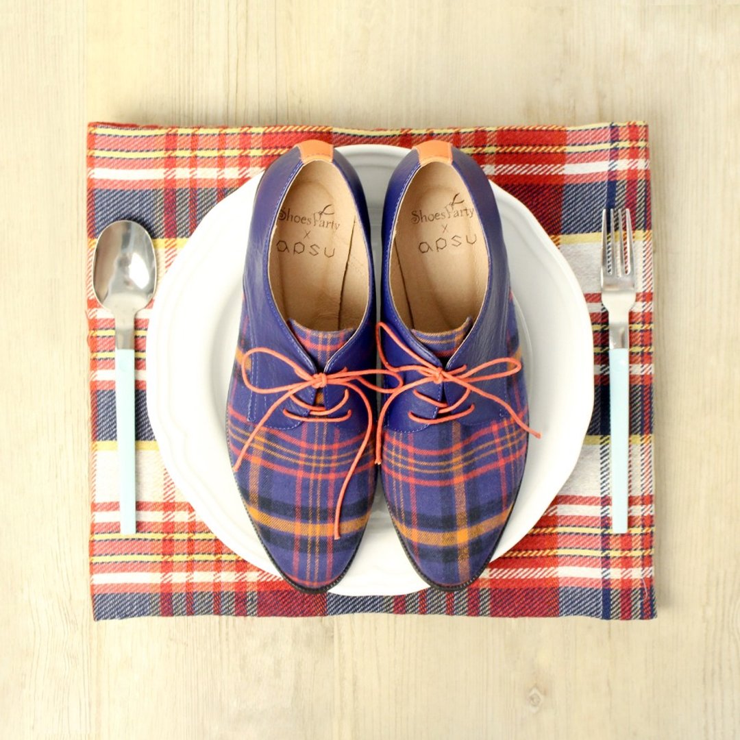 Shoes Party 记忆中爷爷的格纹领带拼布德比鞋 /手工订制/日本布料/M2-15344F - 女款休闲鞋 - 棉 