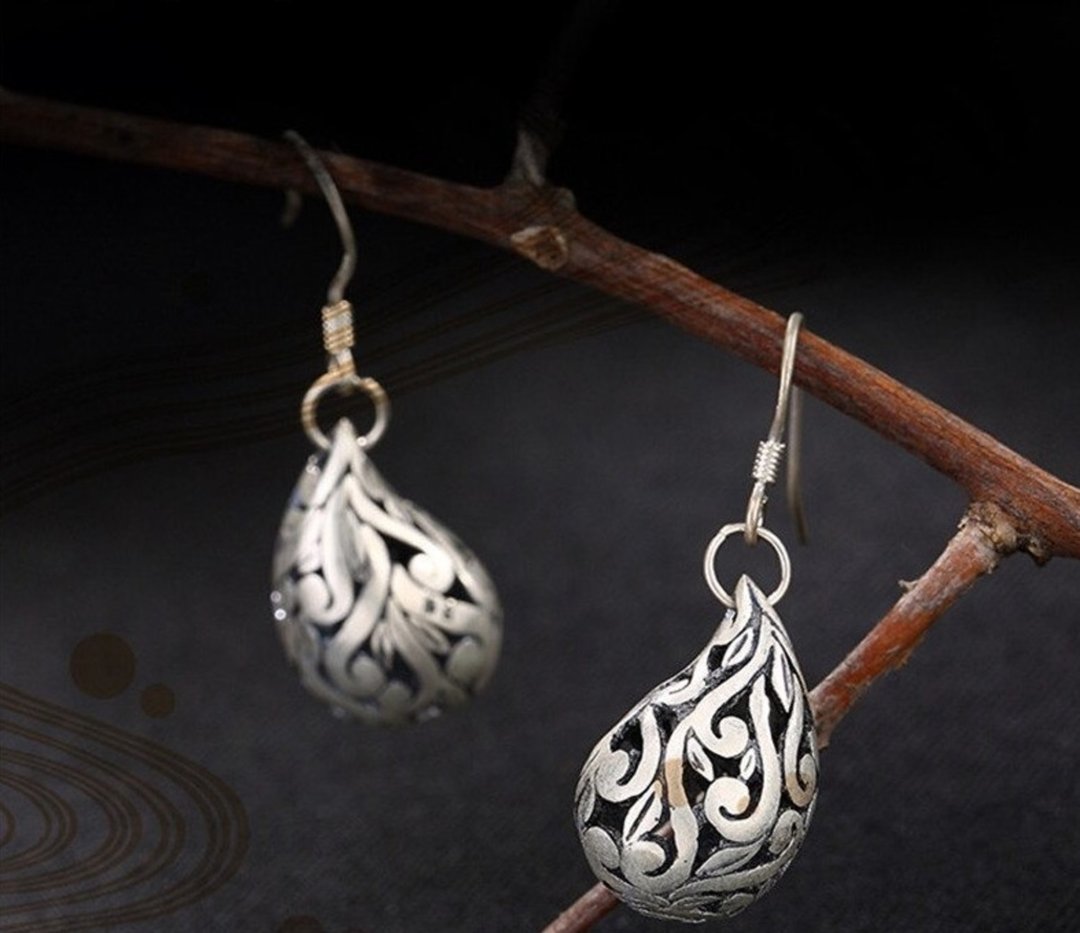 Real S 999 Fine Silver Jewelry for Women Ethnic Waterdrop Dangle Earrings - 耳环/耳夹 - 纯银 银色