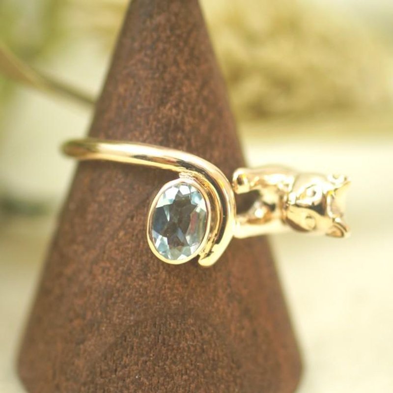 A gold cat ring with jewelry (Aquamarine 0.380 ct) - 戒指 - 其他金属 金色