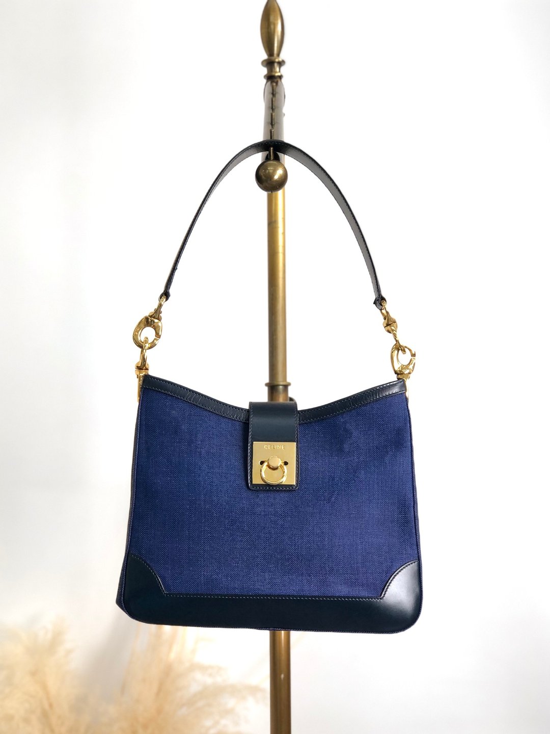 【日本直送 名牌二手包】CELINE 侧背包 藏青色 Gancini 帆布 皮革 单肩包 vintage nnpwss - 侧背包/斜挎包 - 棉．麻 蓝色