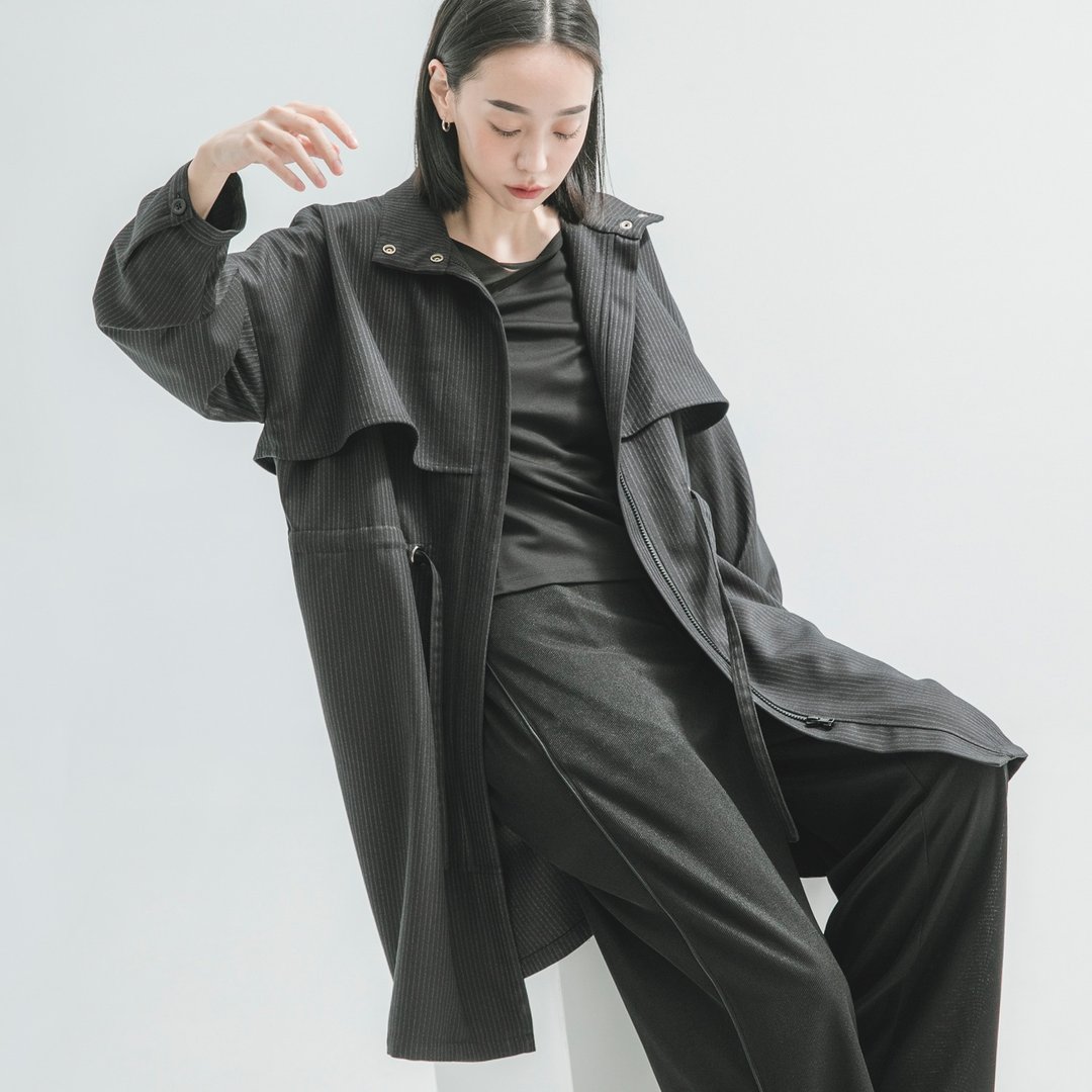 Flutter_翩翩大衣外套_9AF305_黑条纹 - 女装西装外套/风衣 - 棉 黑色