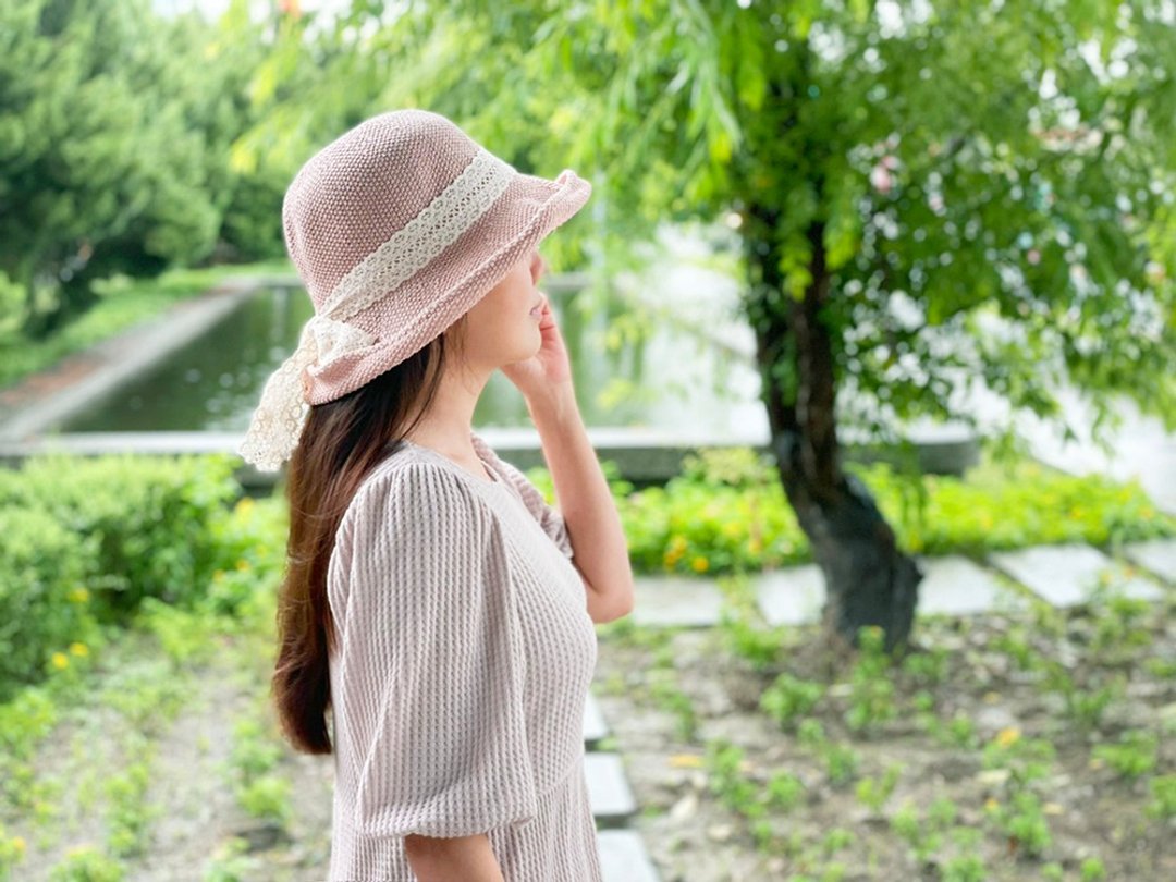 Unni若芙典雅帽-编织帽 遮阳帽 帽子 登山帽 防晒 草帽 straw hat - 帽子 - 植物．花 粉红色