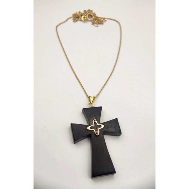 木质手工坠饰，镶嵌18K金。项链。 乌木。 - 项链 - 木头 