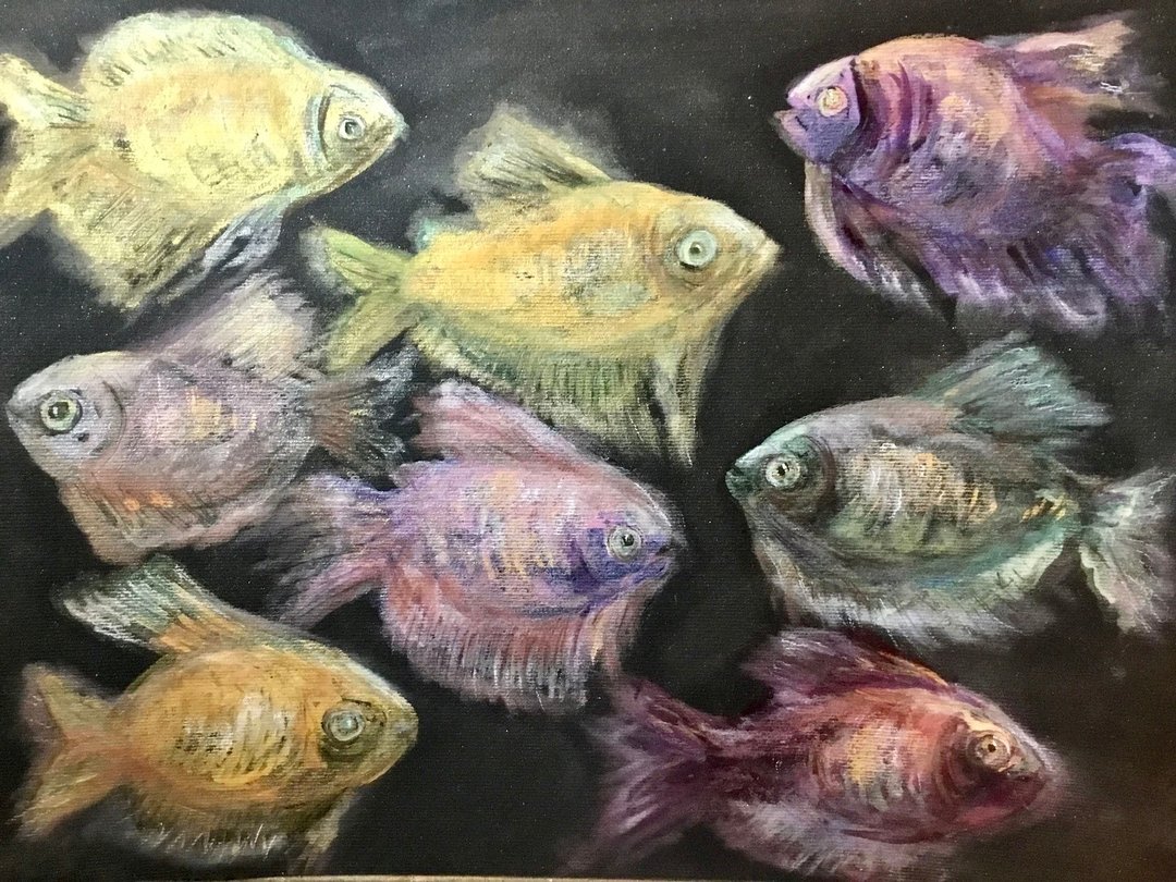 水族馆鱼画，原创水彩和粉彩画，金鱼 - 海报/装饰画/版画 - 其他材质 黑色