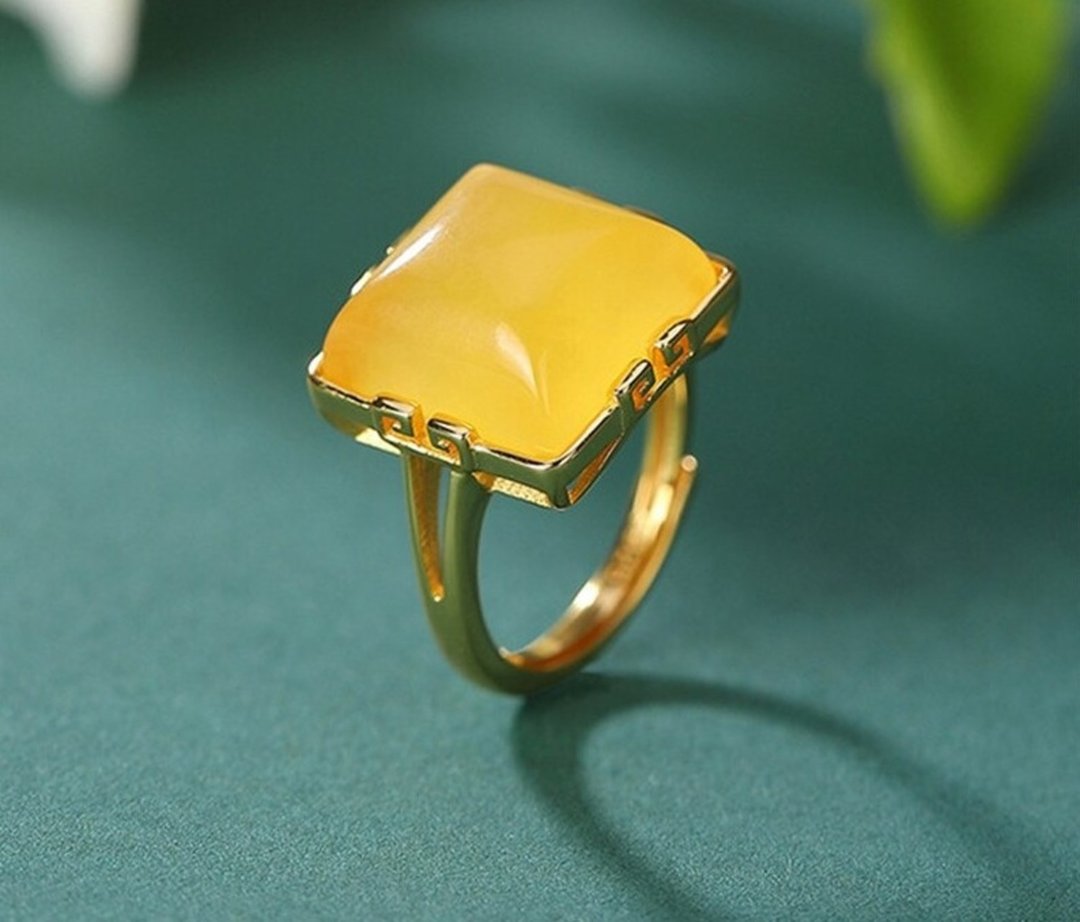 Luxury Big Size Blank Gemstones Rings for Women Natural Nephrite Jade Square - 戒指 - 纯银 金色