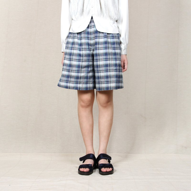 【蛋植物古着】夏日格子棉麻印花阔腿古着短裤 - 女装长裤 - 棉．麻 蓝色