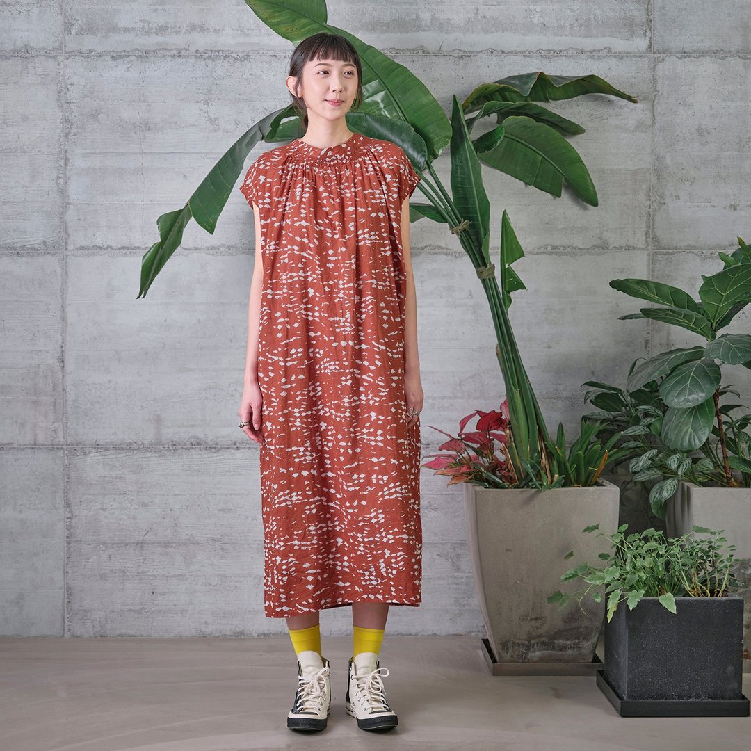 闪动两穿小盖袖印花洋装 - 洋装/连衣裙 - 棉 橘色