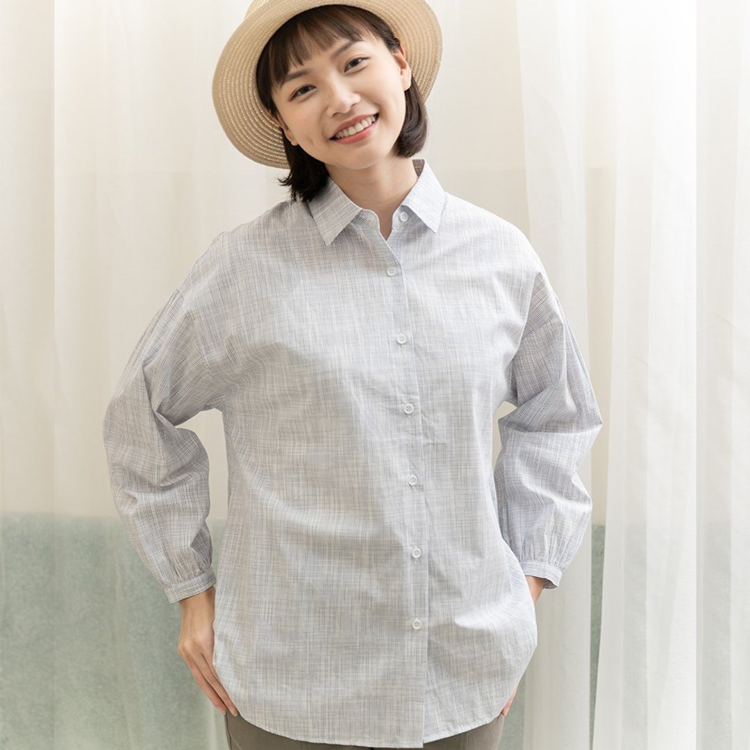 Hana Mokuba 细致纹理弧形下摆泡袖衬衫 - 女装衬衫 - 棉 