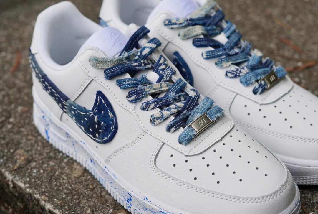 手造定制蓝染拼布Nike Air Force 1 - 男款休闲鞋 - 真皮 