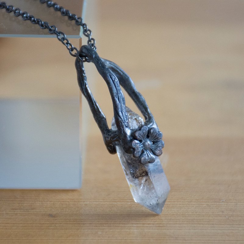 原创手工 纯银镶水晶原石矿石配链吊坠 - 项链 - 水晶 黑色