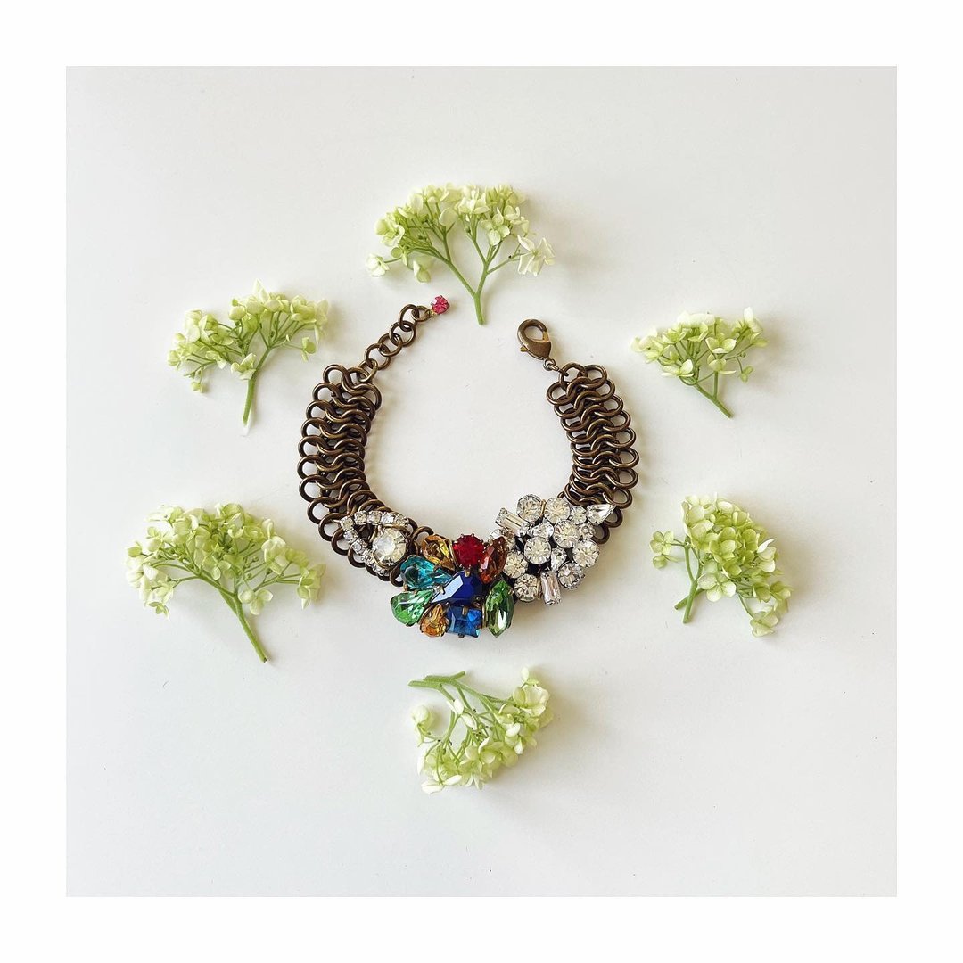 Bohemian Glass & Chain Maille Bracelet | Navy - 手链/手环 - 其他金属 多色