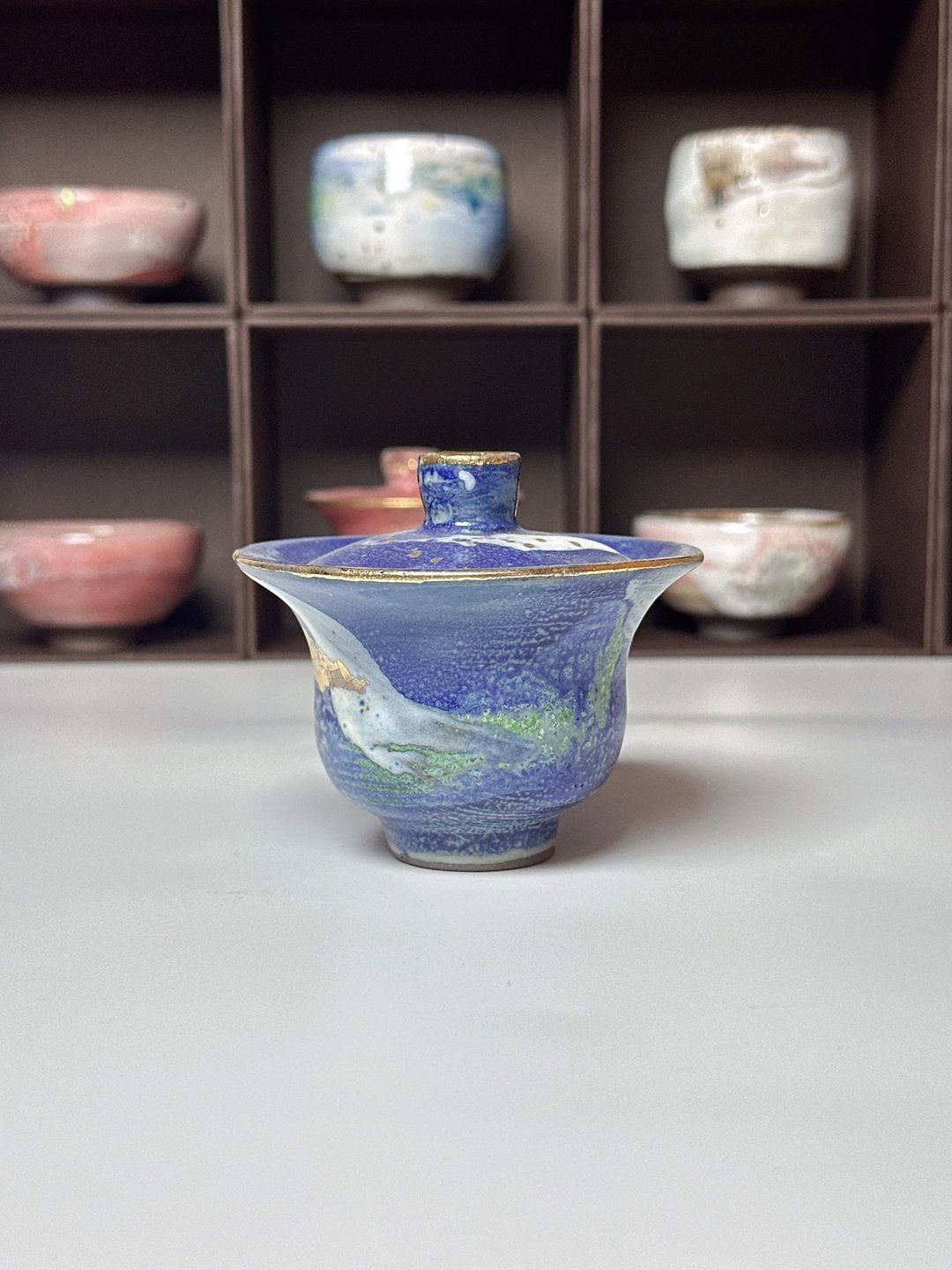 开片系列-蓝志野鎏金盖碗壶-不烫手设计-容量约80cc - 茶具/茶杯 - 陶 蓝色