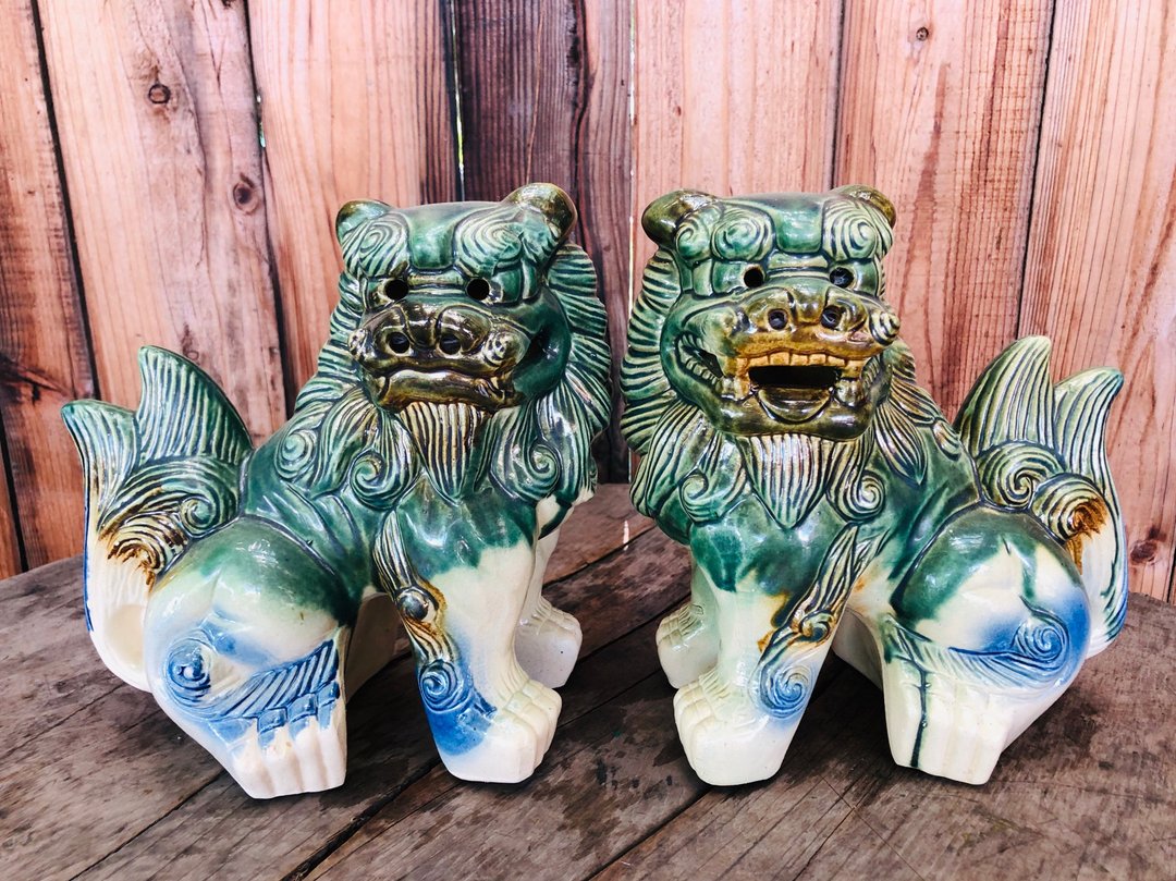 限量优惠 大型陶瓷狮子 风狮爷 摆饰品(一对) 手工绘制 - 摆饰 - 瓷 绿色