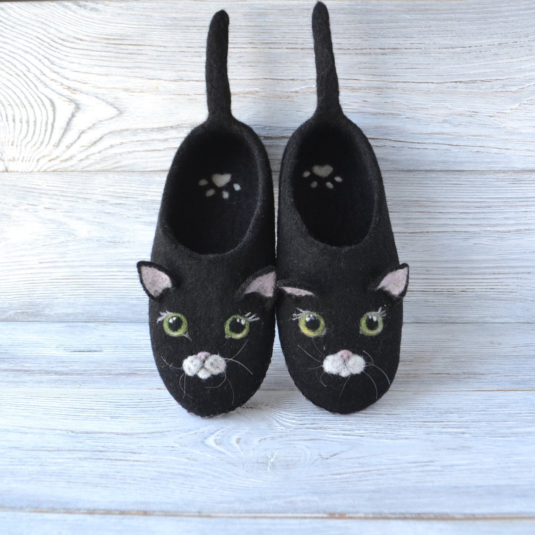 毛毡羊毛黑猫拖鞋儿童可爱定制幼儿保暖家居鞋礼物 - 婴儿鞋 - 羊毛 黑色