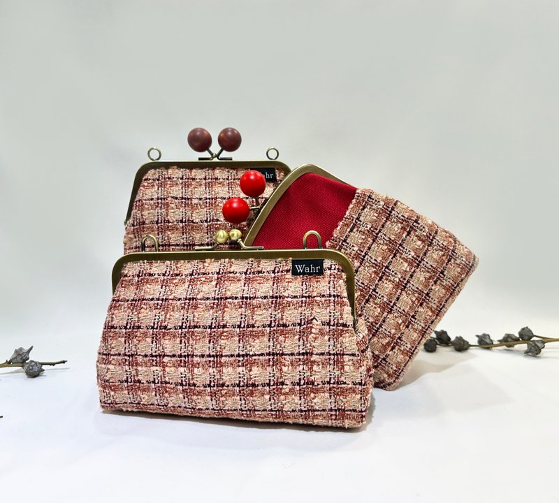 大红缎带格子 豆豆口金包 方型口金包 手拿包 手机包 肩背包 随身 - 侧背包/斜挎包 - 棉．麻 红色