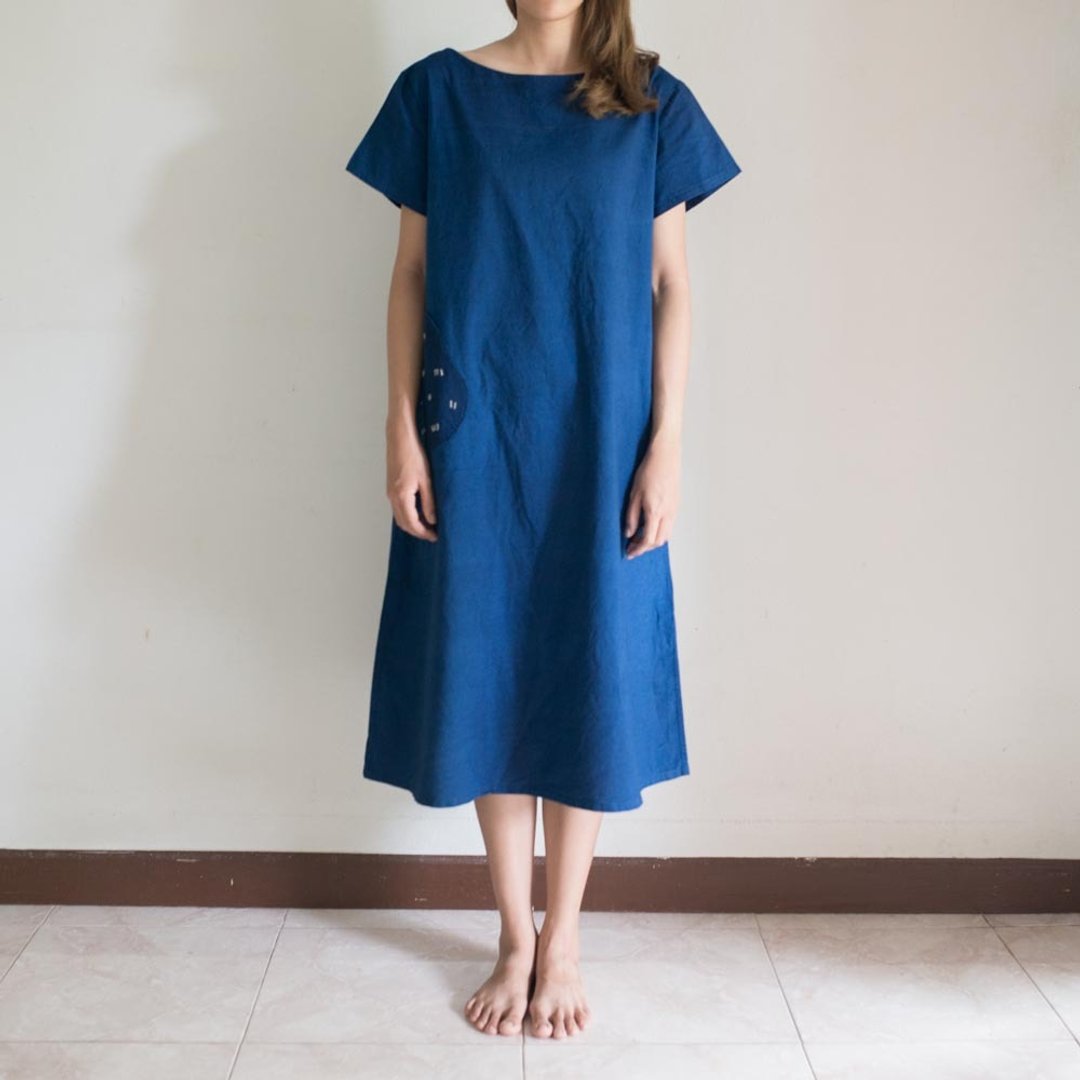 Hyotan dress | Natural cotton deep blue dye indigo - 洋装/连衣裙 - 棉 蓝色