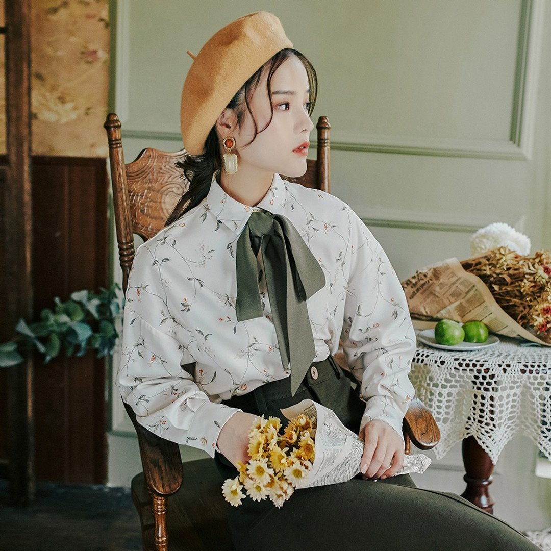 【多件多折】初秋女装穿搭复古时尚领结印花长袖衬衫 YTQ8921 - 女装衬衫 - 聚酯纤维 白色