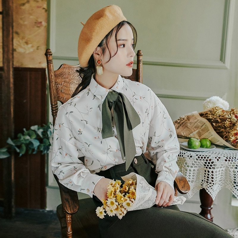 【多件多折】初秋女装穿搭复古时尚领结印花长袖衬衫 YTQ8921 - 女装衬衫 - 聚酯纤维 白色