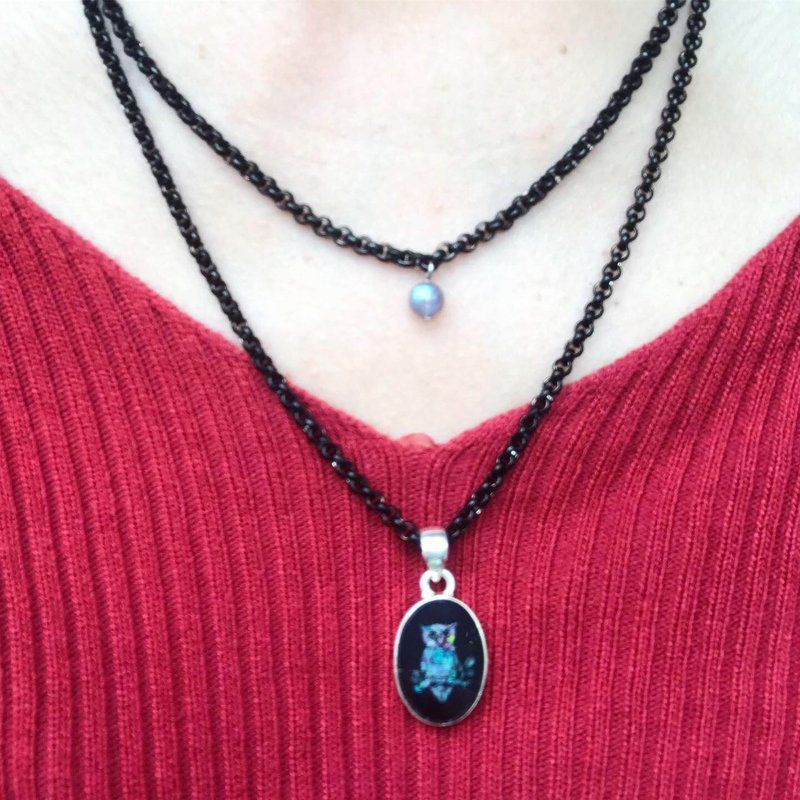 【Lost and find】天然石 opal 澳宝 月下 猫头鹰 项链 - 项链 - 宝石 蓝色