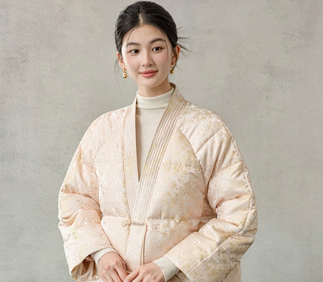 新中式中國風 90鸭绒提花羽绒服 - 女装上衣 - 羽绒 粉红色