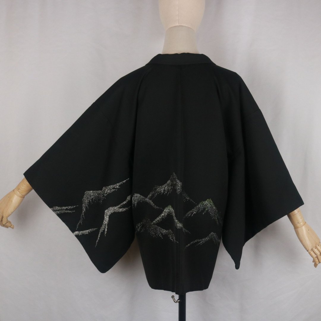 古着日本黑色羽织和服夹克短版外袍 - 女装休闲/机能外套 - 其他材质 
