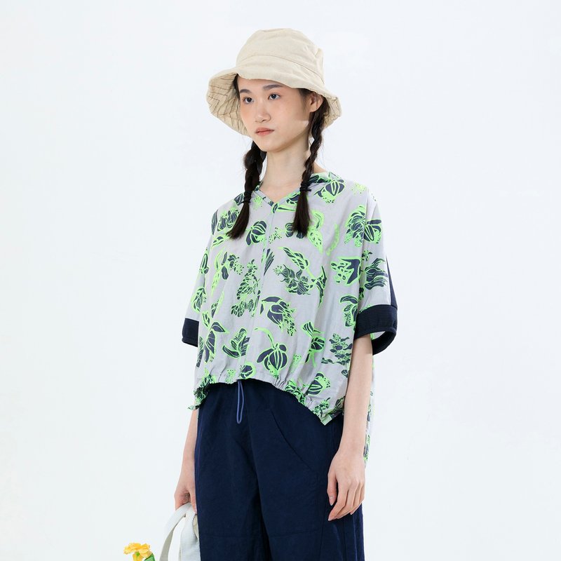 遍地开花局部拼接印花上衣 - 女装上衣 - 棉 多色