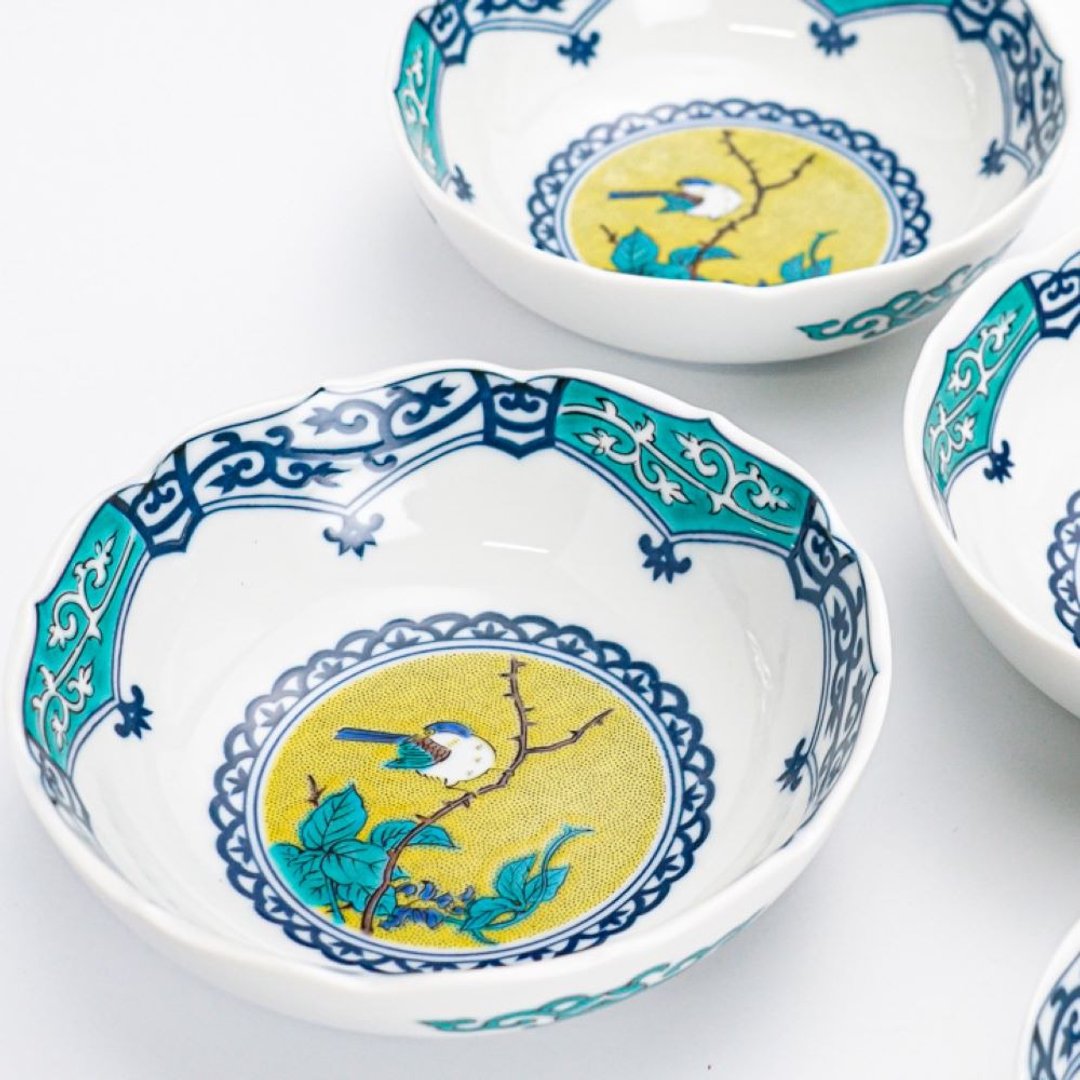 吉田屋风花鸟圆钵 (14cm) /九谷青郊窑 - 盘子/餐盘/盘架 - 陶 白色