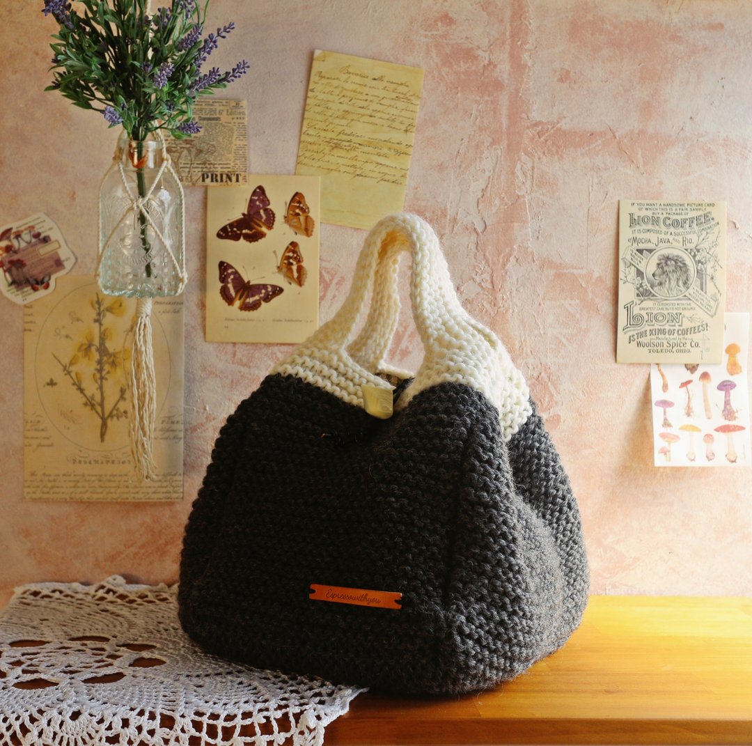 【完售】Handmade手工编织毛线编织袋/手提包/两用托特包/羊毛 - 手提包/手提袋 - 羊毛 灰色