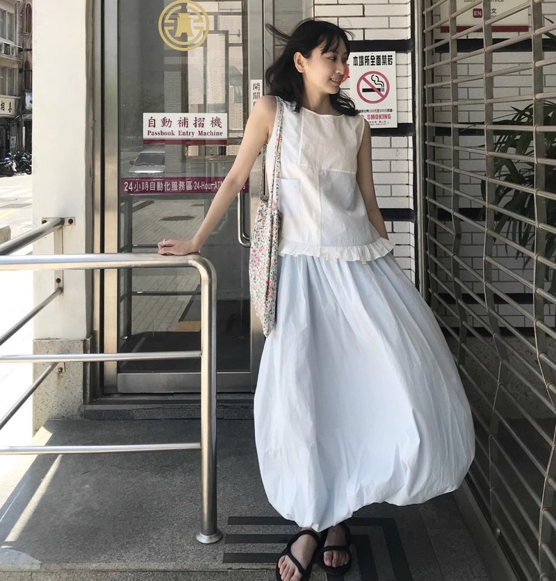 Baby蓝 暗纹格子长裤 花苞裙背心套装 可客製 - 女装上衣 - 其他材质 多色