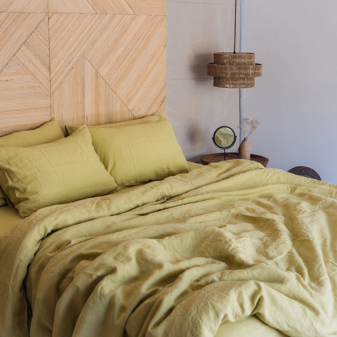 Chartreuse yellow linen duvet cover / Softened linen / Comforter, quilt cover - 寝具 - 亚麻 黄色